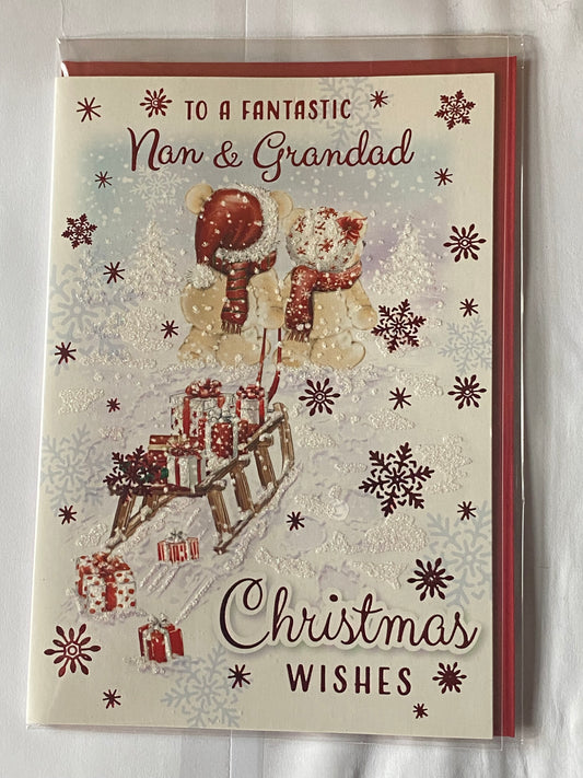 To A Fantastic Nan & Grandad Christmas Wishes Christmas Card Teddies/Sledge(PH45224A)