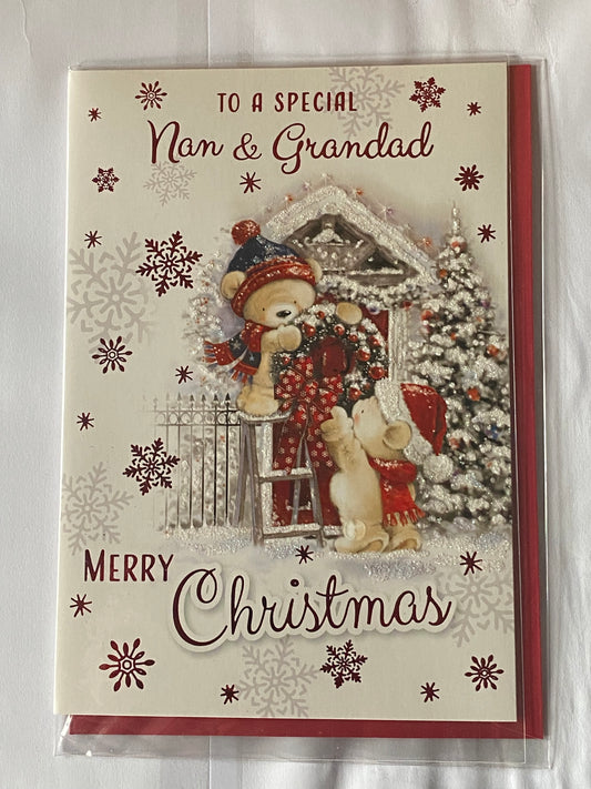 To A Special Nan & Grandad Merry Christmas Card Teddies/Red Door/Wreath(PH45224B)