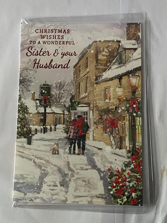 Christmas Wishes To A Wonderful Sister & Your Husband Christmas Card Winter Scene/Couple Walking Dog(NC-VX119B)