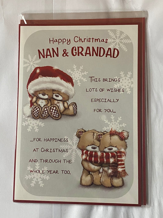 Happy Christmas Nan & Grandad Christmas Card Teddies/Santa Hat/Scarfe(PH46996B)