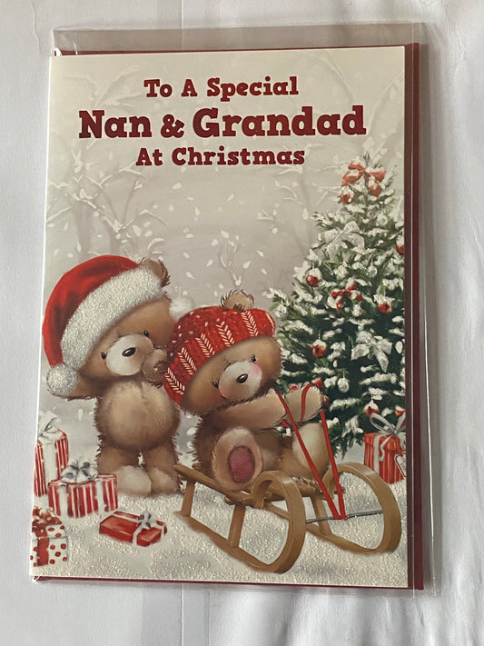 To A Special Nan & Grandad At Christmas Card Cute Teddies/Sledge/Tree(NC-VX105A)