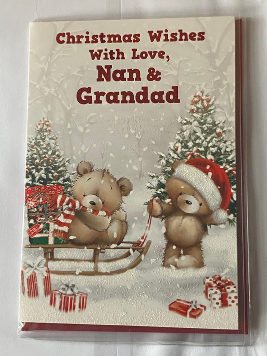 Christmas Wishes With Love Nan & Grandad Christmas Card Teddies/Sledge/Trees(NC-VX105B)