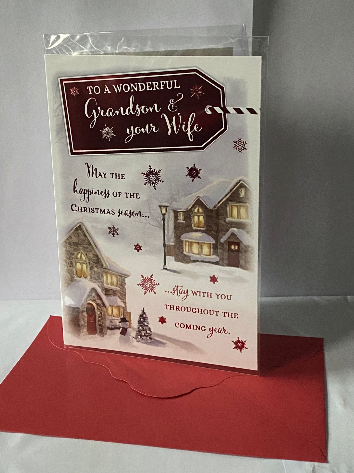 To A Wonderful Grandson & And Your Wife Christmas Card Winter Scene/Houses/Red Words Foil Detail(PH50212A)