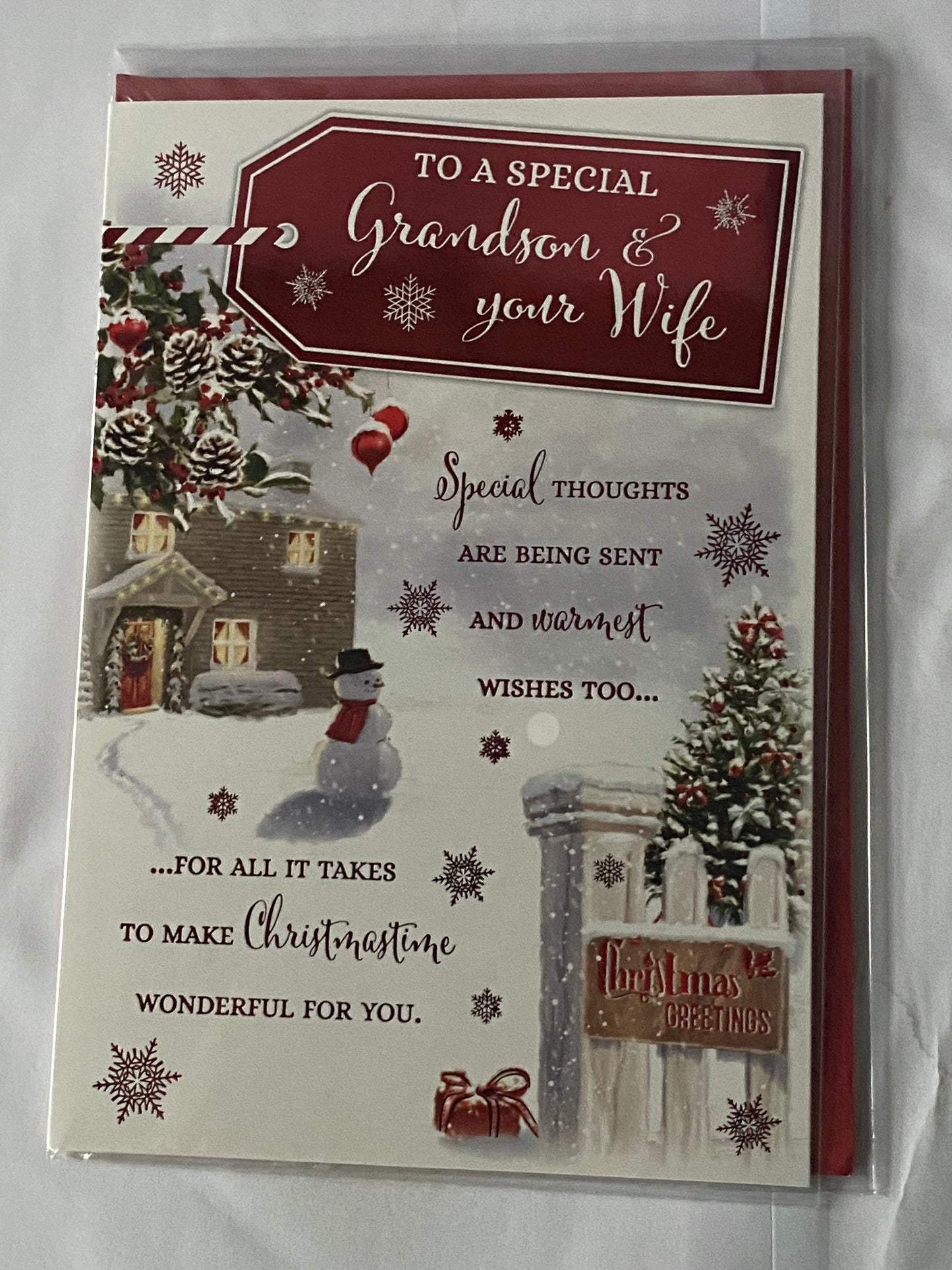 To A Special Grandson & And Your Wife Christmas Card Winter Scene/House/Red Words Foil Detail(PH50212B)