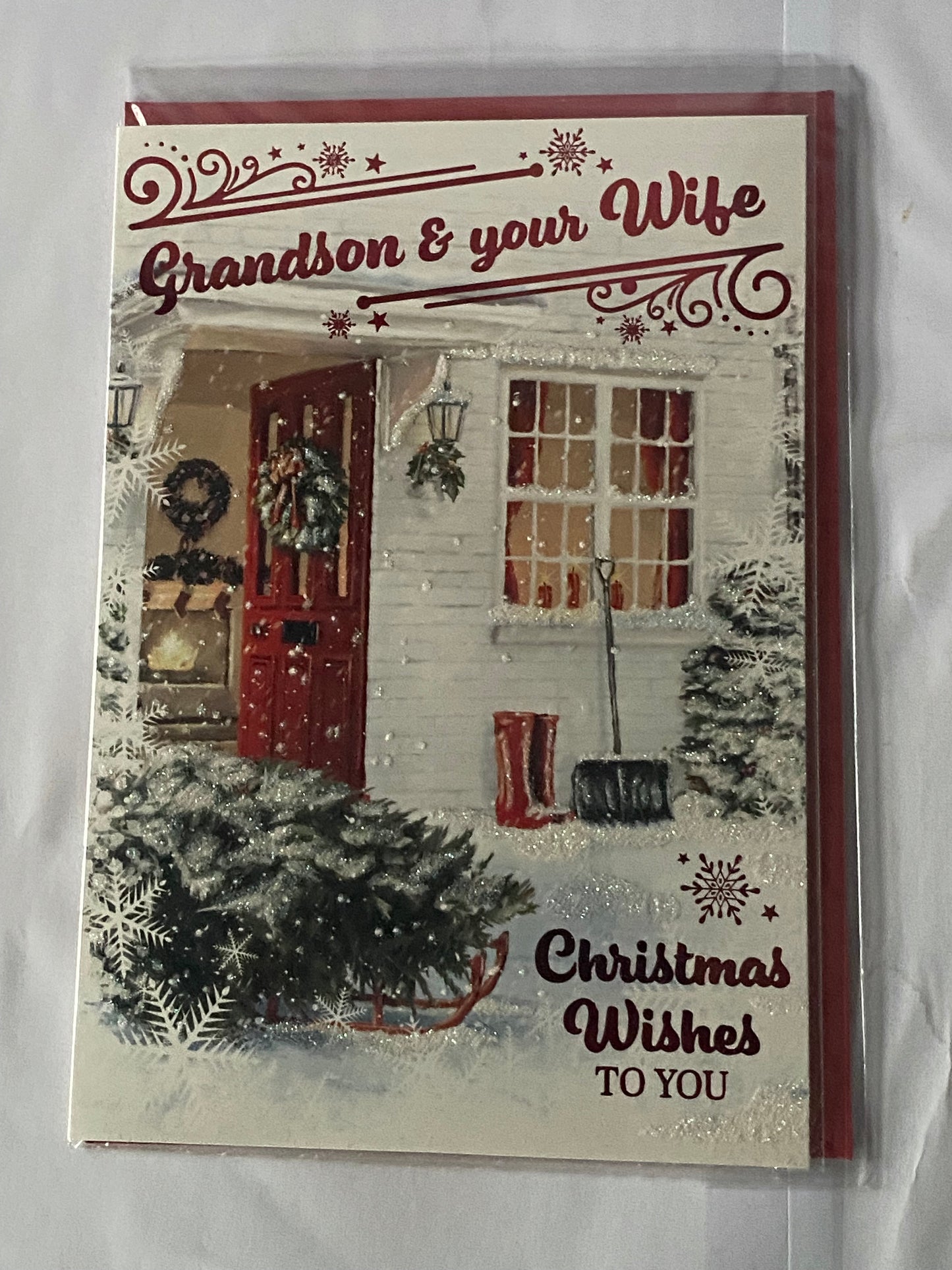 Grandson & And Your Wife Christmas Wishes To You Christmas Card Red Door/Sledge/Tree(PH48345B)