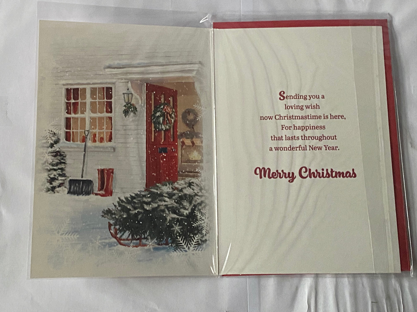 Grandson & And Your Wife Christmas Wishes To You Christmas Card Red Door/Sledge/Tree(PH48345B)