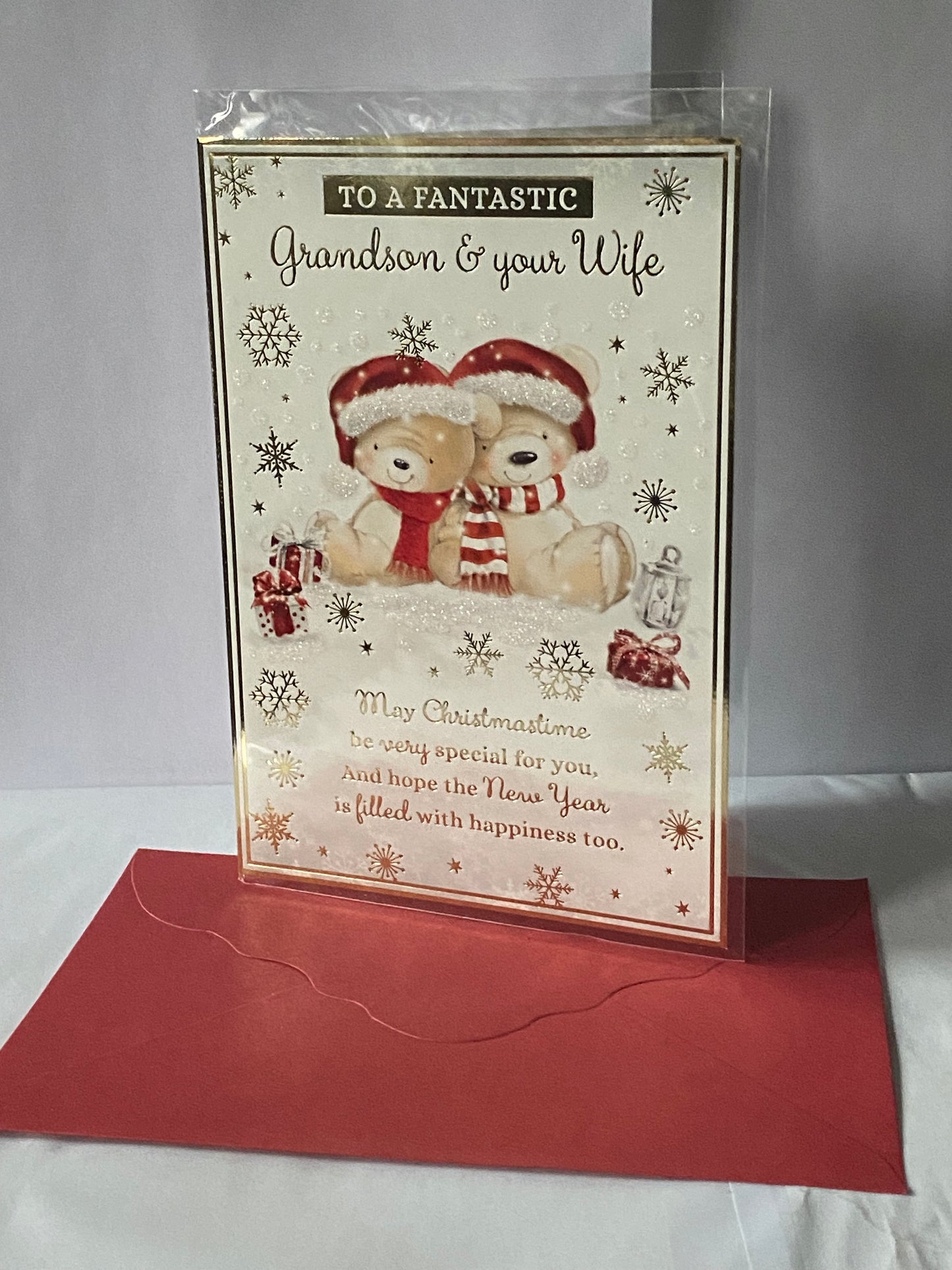 To A Fantastic Grandson & And Your Wife Christmas Card Sitting Teddies/Gold Words(PH48363A)