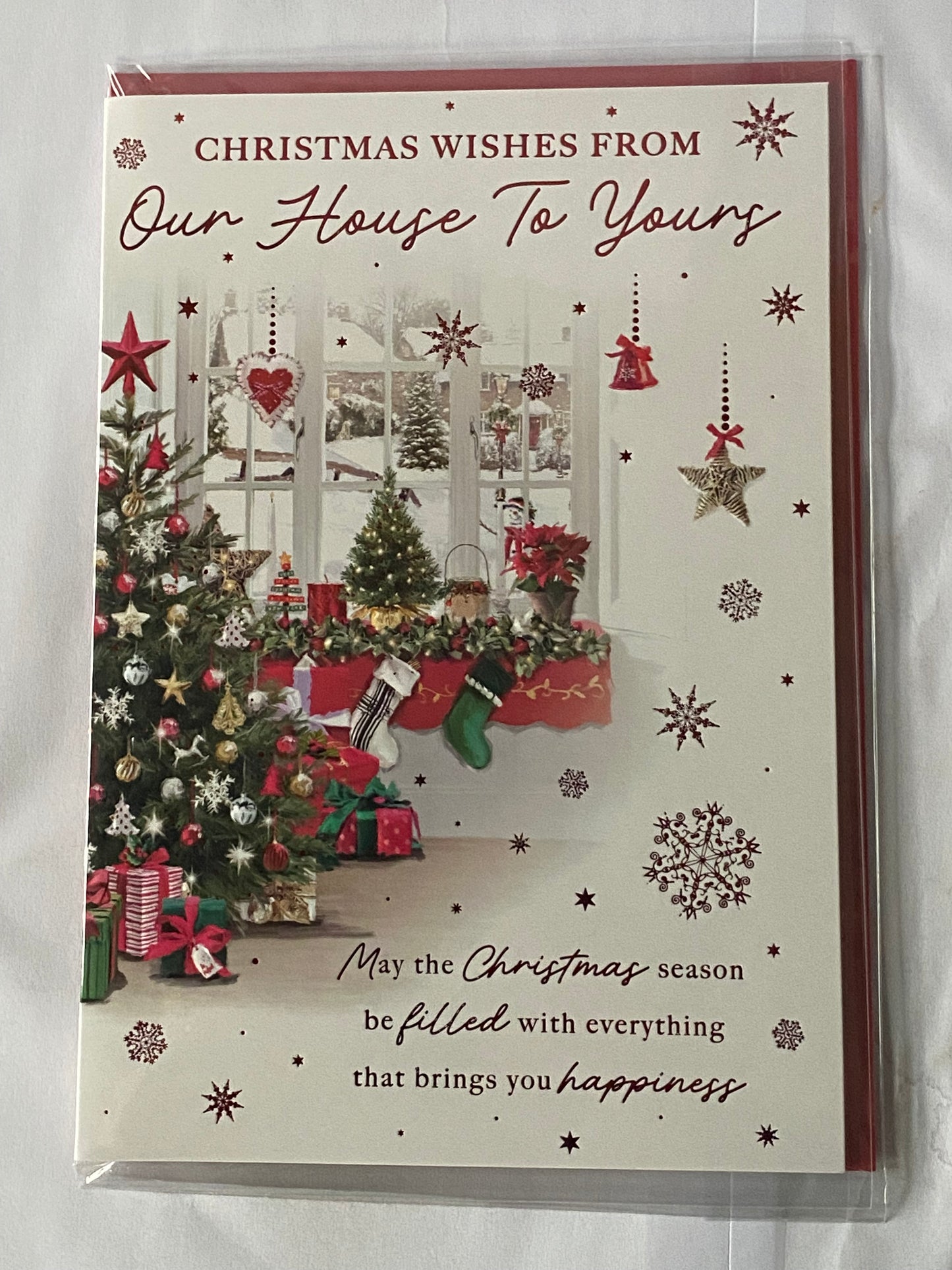 Christmas Wishes From Our House To Yours Christmas Card Our House To Your House Stockings/Window/Tree/Red Words(PH50214B)