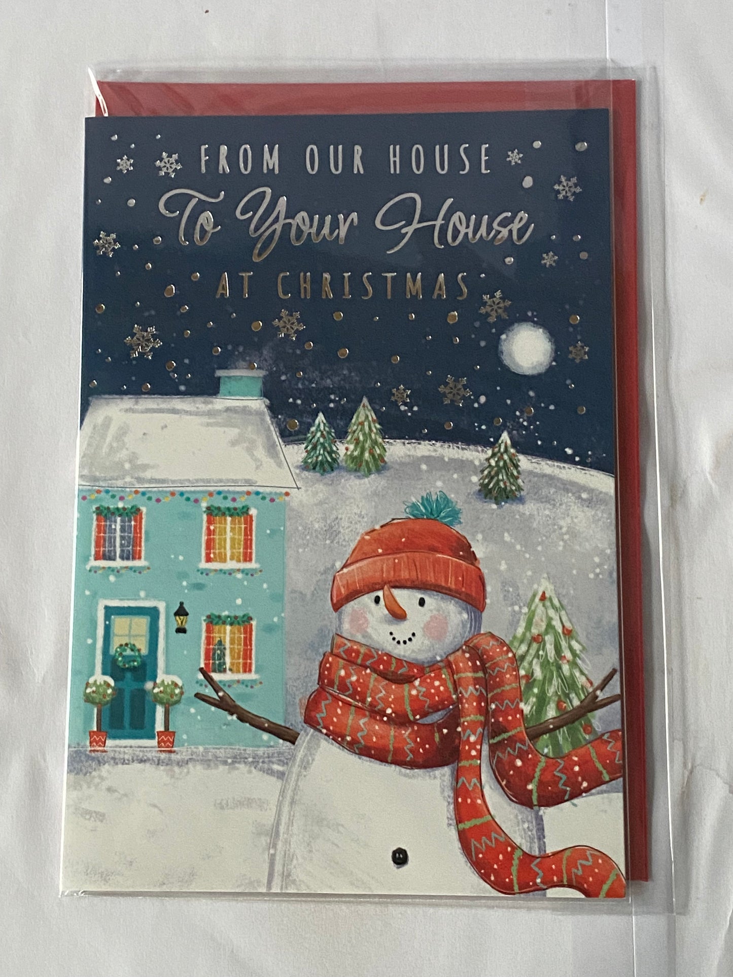 From Our House To Your House At Christmas Card Our House To Yours Dark Blue-Snowman/House(PH50221A)