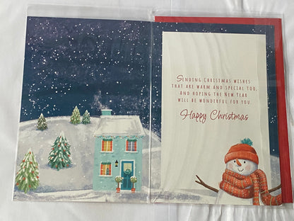 From Our House To Your House At Christmas Card Our House To Yours Dark Blue-Snowman/House(PH50221A)