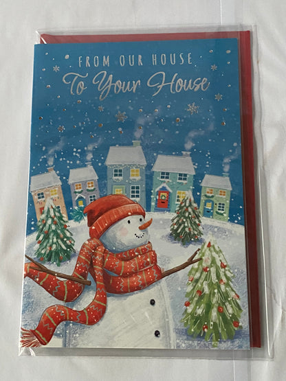 From Our House To Your House Christmas Card Our House To Yours Blue-Snowman/Houses(PH50221B)