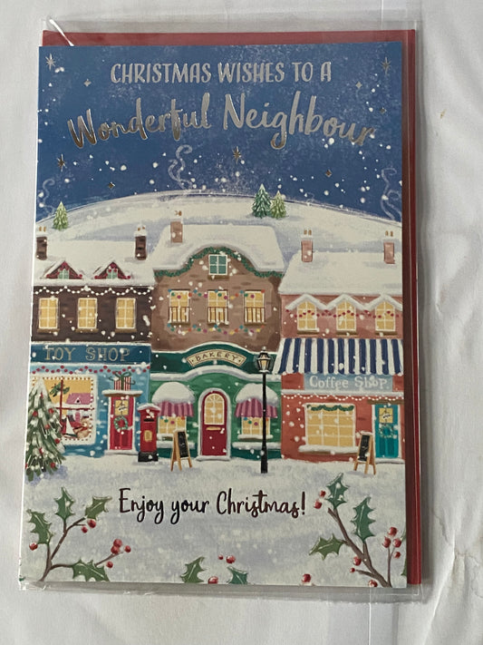 Christmas Wishes To A Wonderful Neighbour Christmas Card Snowy Shopping Street Foil Detail(PH50225A)