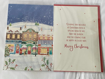 Christmas Wishes To A Wonderful Neighbour Christmas Card Snowy Shopping Street Foil Detail(PH50225A)