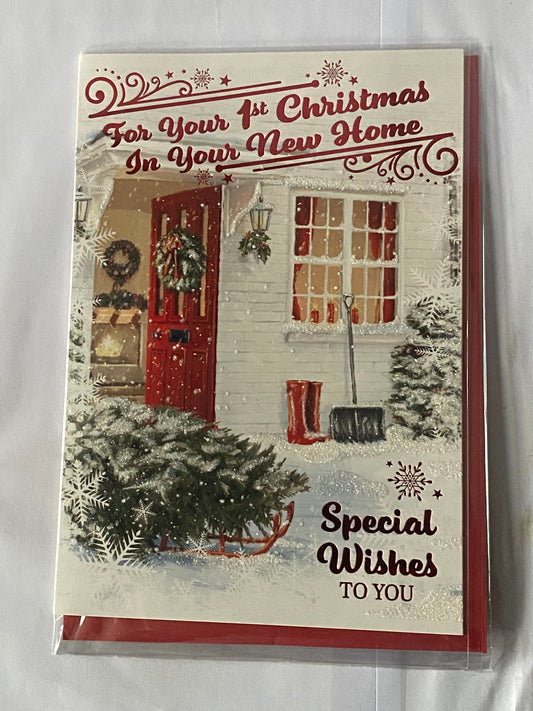 For Your First Christmas In Your New Home Special Wishes To You Christmas Card 1st Christmas In Your New House Red Door/Sledge/Tree(PH48345B)