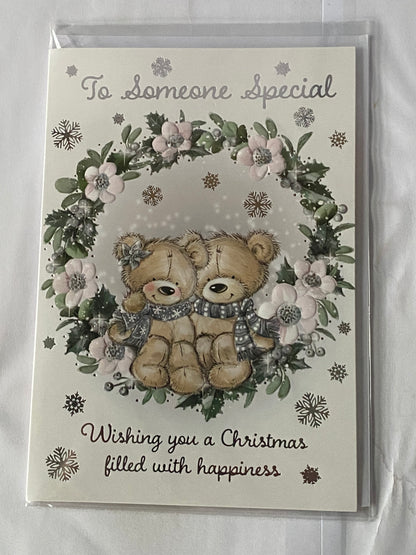 To Someone Special Christmas Card Sitting Teddies/Wreath/Silver Words(PH50234A)