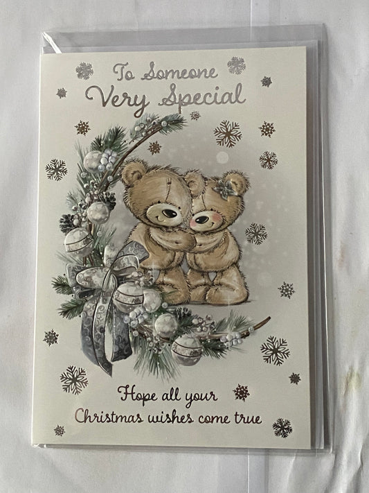 To Someone Very Special Christmas Card Standing Teddies/Wreath/Silver Words(PH50234B)