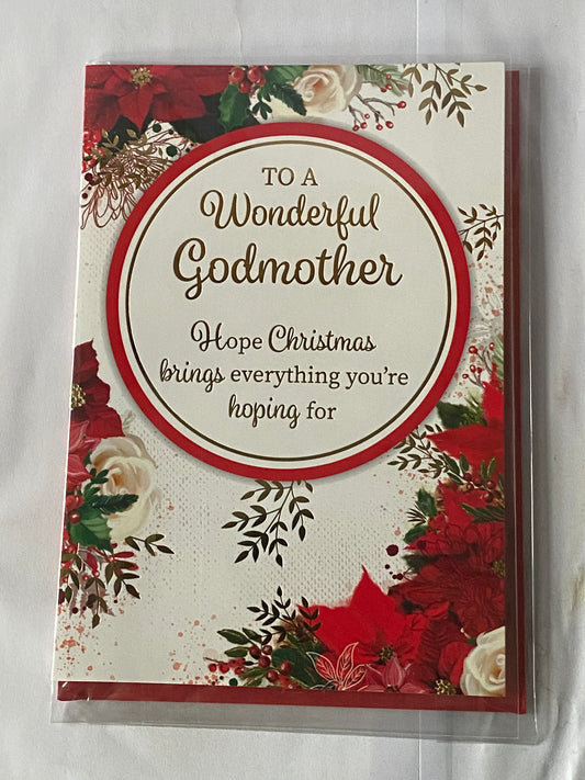 To A Wonderful Godmother Christmas Card White-Flowers/Gold Words/Circle Foil Detail(PH50228A)