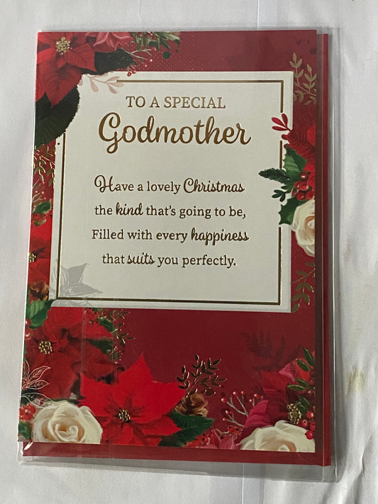 To A Special Godmother Christmas Card Red-Flowers/Gold Words/Square Foil Detail(PH50228B)