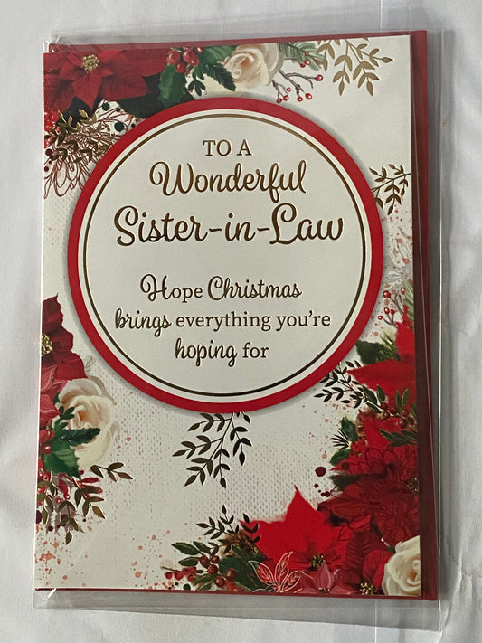 To A Wonderful Sister-In-Law Christmas Card White-Flowers/Gold Words/Circle(PH50228A)