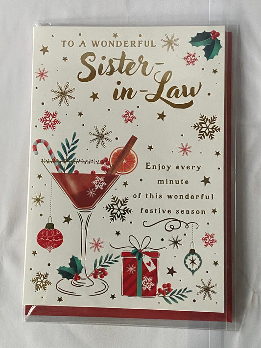 To A Wonderful Sister-In-Law Christmas Card Red Cocktail/Present/Gold Words(PH50230A)