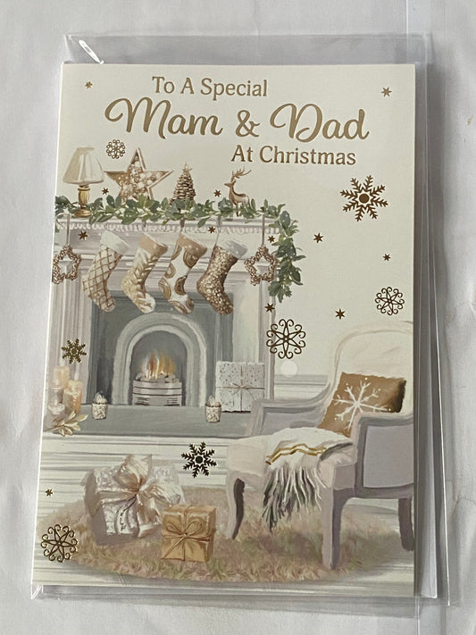 To A Special Mam & And Dad At Christmas Card White/Gold Stockings/Fireplace/Chair Foil Detail(PH50224A)