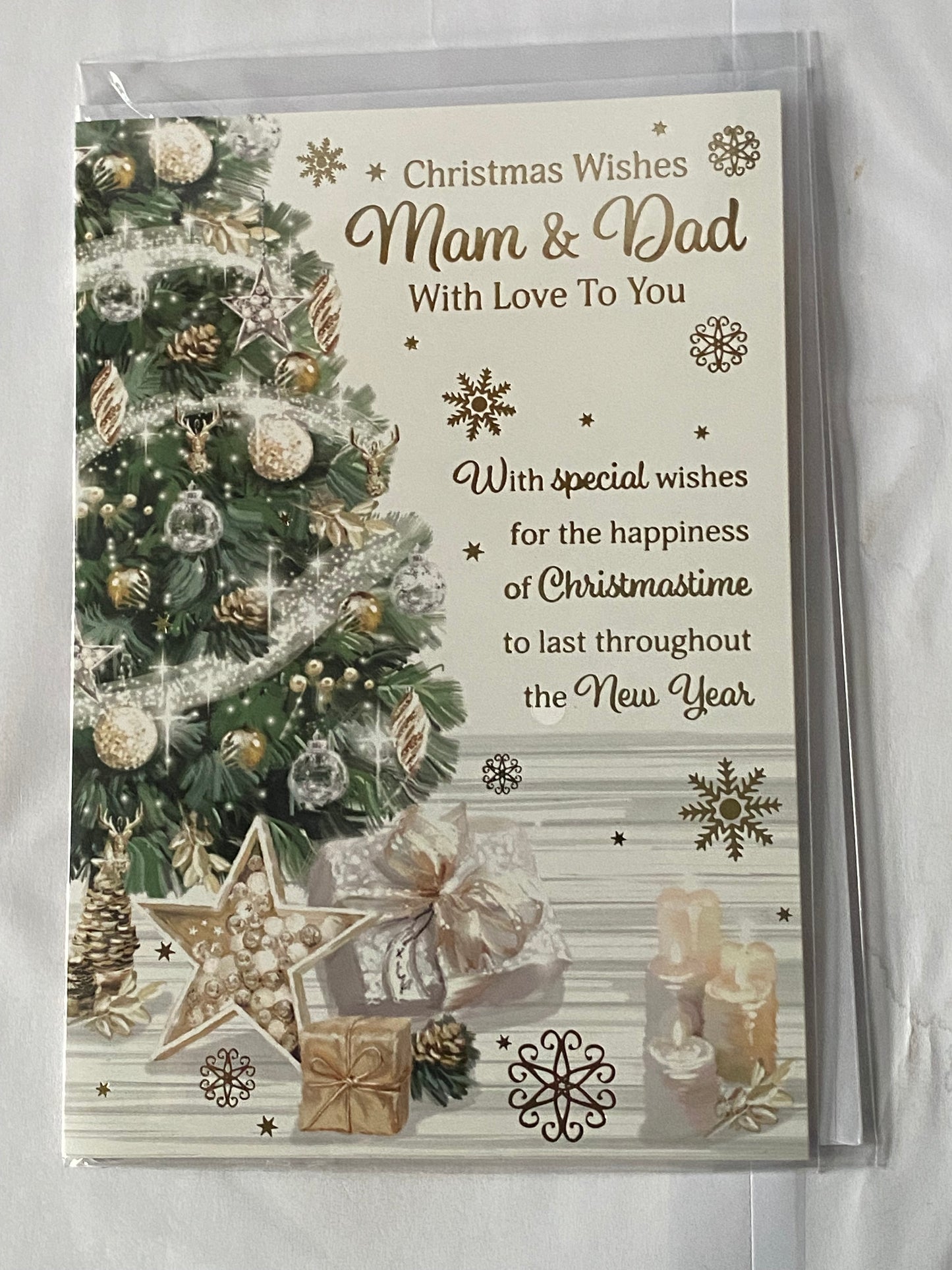 Christmas Wishes Mam & And Dad With Love To You Christmas Card Green/Gold/Silver Tree/Presents Foil Detail(PH50224B)