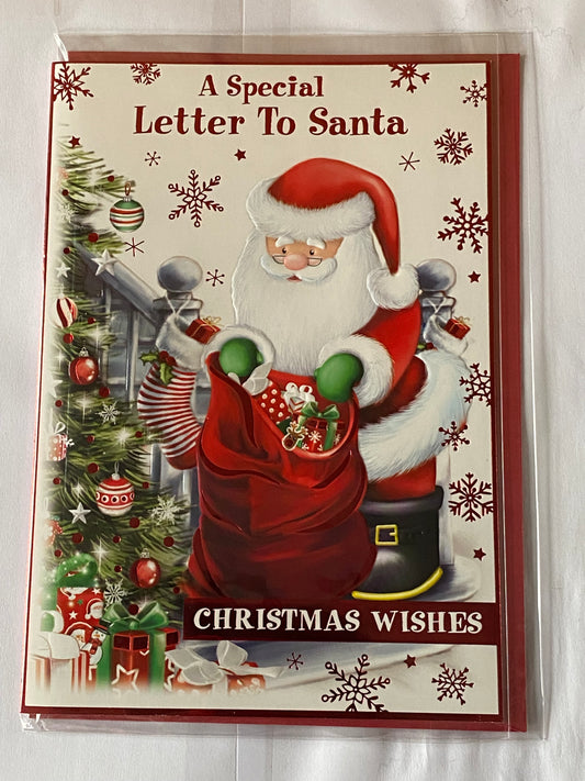 A Special Letter To Santa Christmas Wishes Christmas Card Cute Santa/Red Sack/Staircase(PH45229A)