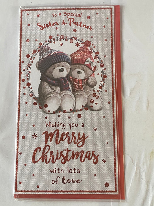 To A Special Sister & Partner Christmas Card Teddies/Hats/Scarves Glitter/Foil Detail(PRESTIGE42722)