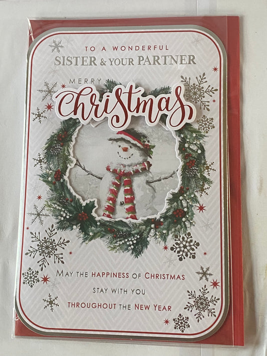 To A Wonderful Sister & Your Partner Merry Christmas Card Snowman/Wreath 3D/Foil Detail(PRELUDE46234)