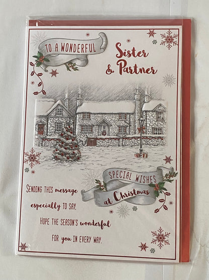 To A Wonderful Sister & Partner Special Wishes At Christmas Card Winter Village/Red Words(PRESTIGE42697)