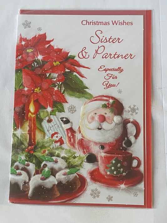 Christmas Wishes Sister & Partner Christmas Card Red Flowers/Santa Teapot(SXC50-1015A)