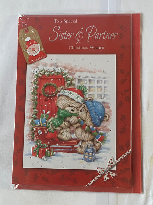 To A Special Sister & Partner Christmas Wishes Christmas Card Red/White-Teddies/Red Door(SXC50-1022A)