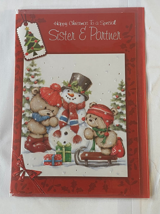 Happy Christmas To A Special Sister & Partner Christmas Card Red/White-Teddies/Snowman(SXC50-1022B)