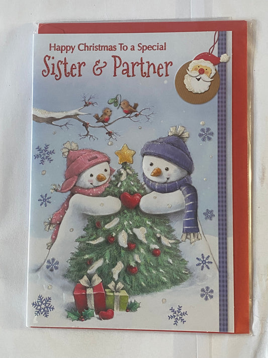 Happy Christmas To A Special Sister & Partner Christmas Card Cute Snowcouple/Christmas Tree(SXC50-1024A)