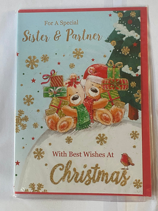 For A Special Sister & Partner With Best Wishes At Christmas Card Teddies Holding Presents/Tree Glitter/Foil Detail(SLX5024A)