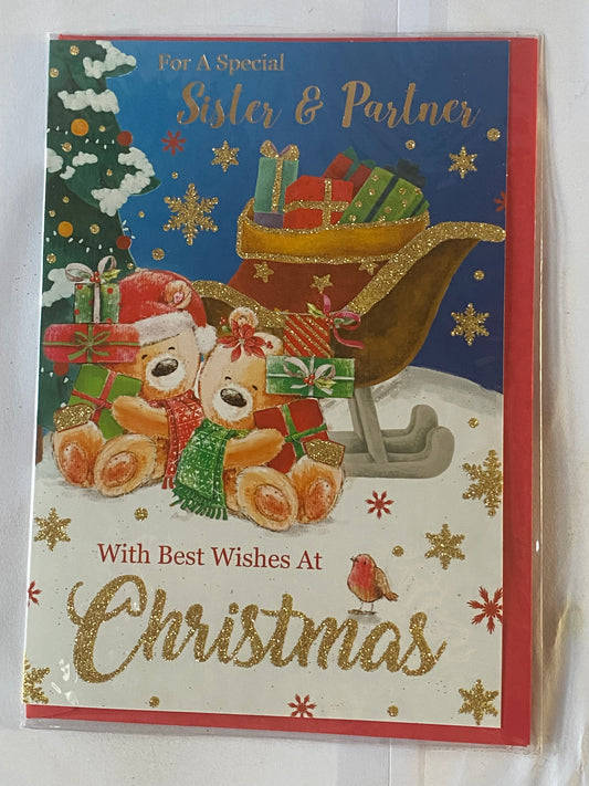 For A Special Sister & Partner With Best Wishes At Christmas Card Teddies Holding Presents/Sledge Glitter/Foil Detail(SLX5024AB