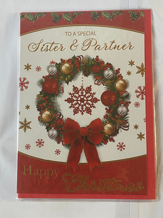 To A Special Sister & Partner Happy Christmas Card White/Gold/Red Wreath(SLX5010B)