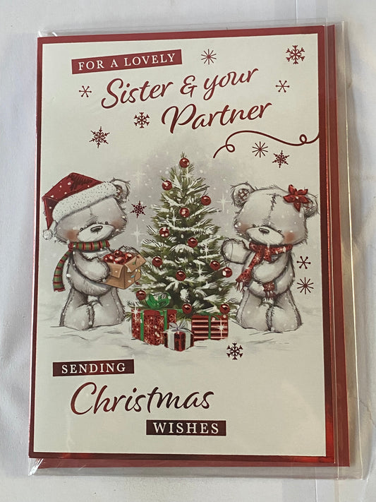 For A Lovely Sister & Your Partner Sending Christmas Wishes Christmas Card Red/Grey-Teddies/Tree/Presents(PH46354A)