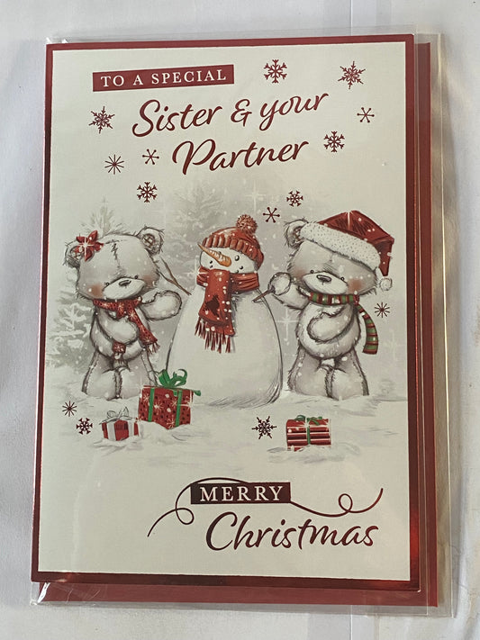 To A Special Sister & Your Partner Merry Wishes Christmas Card Red/Grey-Teddies/Snowman/Presents(PH46354B)