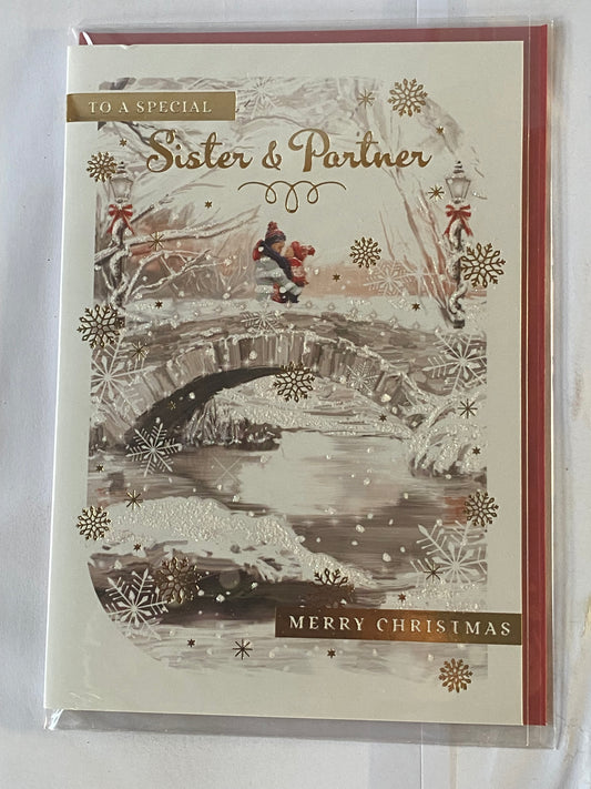 To A Special Sister & Partner Merry Christmas Card Couple On Bridge/Gold Snowflakes Glitter/Foil Detail(PH45210B)