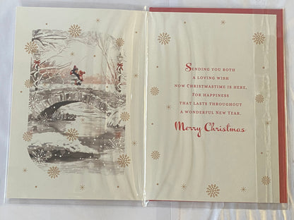 To A Special Sister & Partner Merry Christmas Card Couple On Bridge/Gold Snowflakes Glitter/Foil Detail(PH45210B)