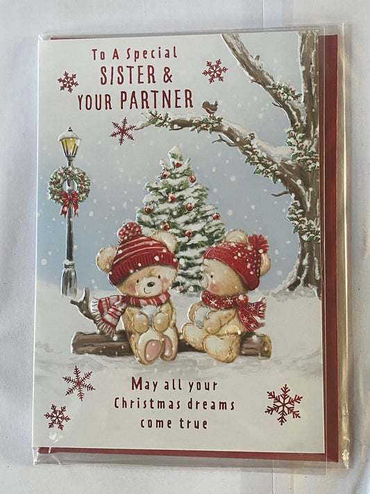 To A Special Sister & Your Partner Christmas Card Teddies Sat On Log Foil Detail(PH46995A)