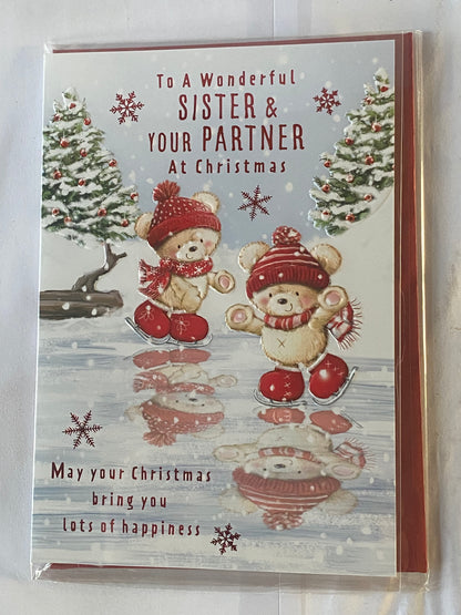 To A Wonderful Sister & Your Partner At Christmas Card Teddies Ice Skating Foil Detail(PH46995B)