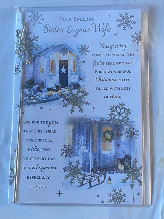 To A Special Sister & Your Wife Christmas Card Christmas Houses/Silver Words(PRELUDE46240)