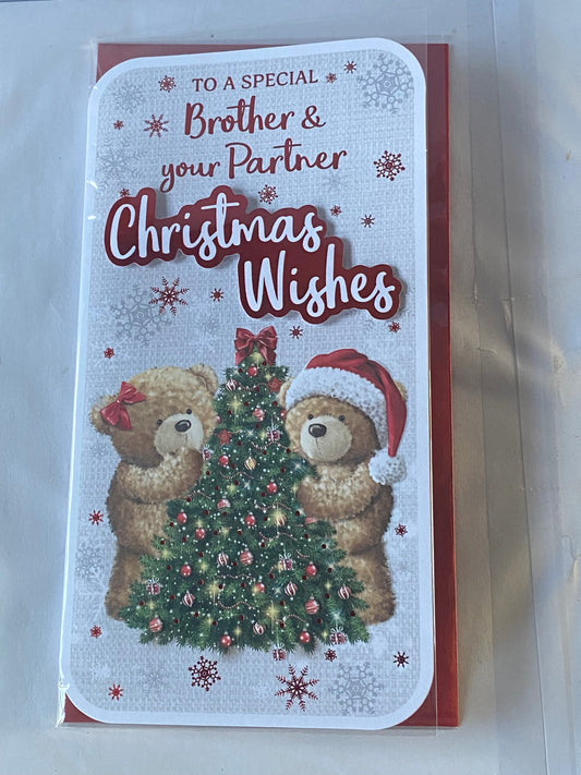 To A Special Brother & Your Partner Christmas Wishes Christmas Card Teddies/Christmas Tree(PRELUDE46221)