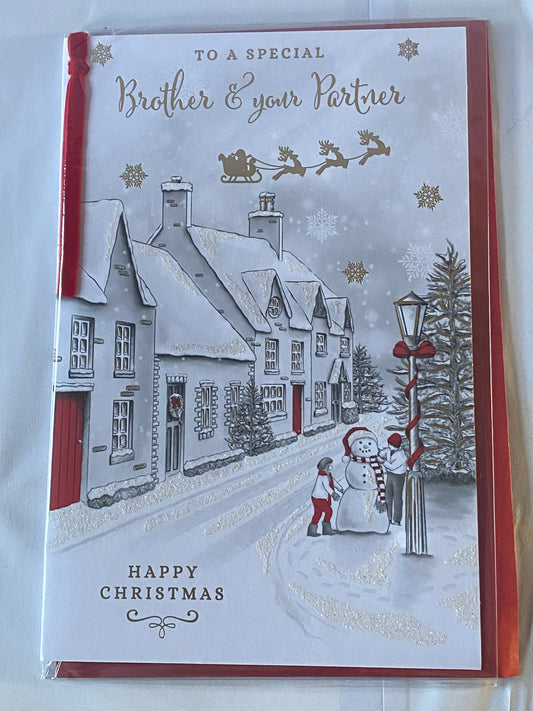 To A Special Brother & Your Partner Happy Christmas Card Grey/Red/Gold Snowman/Houses(PRELUDE46237)