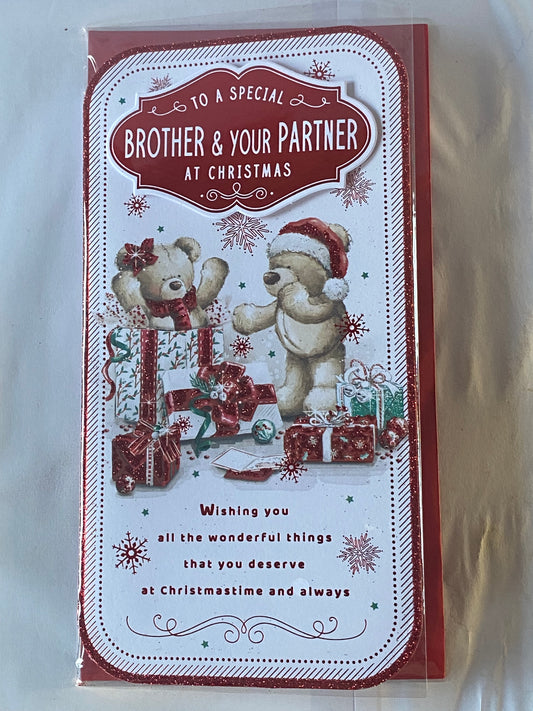 To A Special Brother & Your Partner At Christmas Card Teddies/Presents/Red Words(PRELUDE47949)