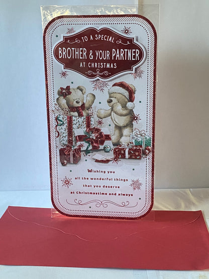 To A Special Brother & Your Partner At Christmas Card Teddies/Presents/Red Words(PRELUDE47949)