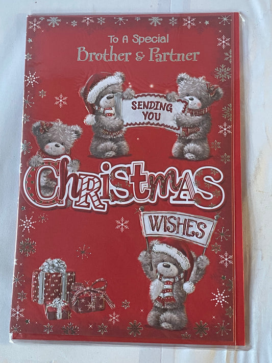 To A Special Brother & Partner Sending You Christmas Wishes Christmas Card Red-Teddies/Words(PRESTIGE39258)