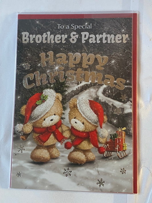 To A Special Brother & Partner Happy Christmas Card Black/Silver/White-Teddies/Sledge Foil Detail(SXC50-665A)